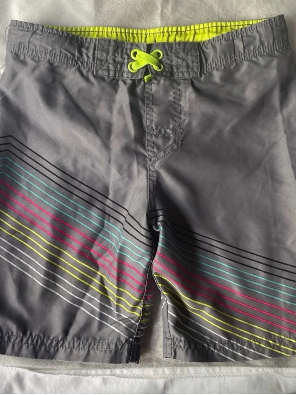 Cat & Jack Boys Swim Trunks Size 6/7 Gray Neon Stripe Board Shorts Beach Summer